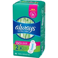 Serviettes Always Ultra Thin, longues avec ailes, taille 2, non parfumées, 32 serviettes