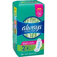 Serviettes Always Ultra Thin, longues avec ailes, taille 2, non parfumées, 32 serviettes
