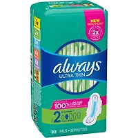 Serviettes Always Ultra Thin, longues avec ailes, taille 2, non parfumées, 32 serviettes