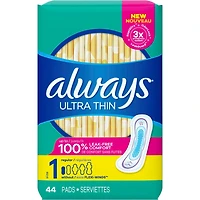 Serviettes Always Ultra Thin, régulières sans ailes, taille 1, non parfumées, 44 serviettes