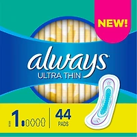 Serviettes Always Ultra Thin, régulières sans ailes, taille 1, non parfumées, 44 serviettes
