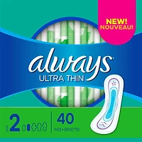 Always Ultra Thin Pads Size 2 Long Absorbency Unscented without Wings, 40 Count