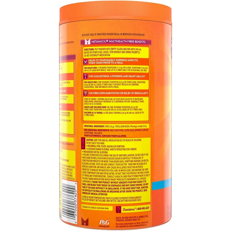 Fibres MultiSanté 3 en 1! Supplément de fibres en poudre, sans sucre, orange, 1,04 kg
