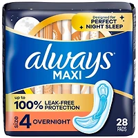 Always Maxi Pads Size 4 Overnight Absorbency Unscented with Wings, 28 Count