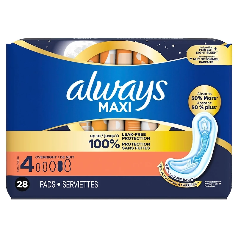 Always Maxi Pads Size 4 Overnight Absorbency Unscented with Wings, 28 Count