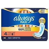 Always Maxi Pads Size 4 Overnight Absorbency Unscented with Wings, 28 Count