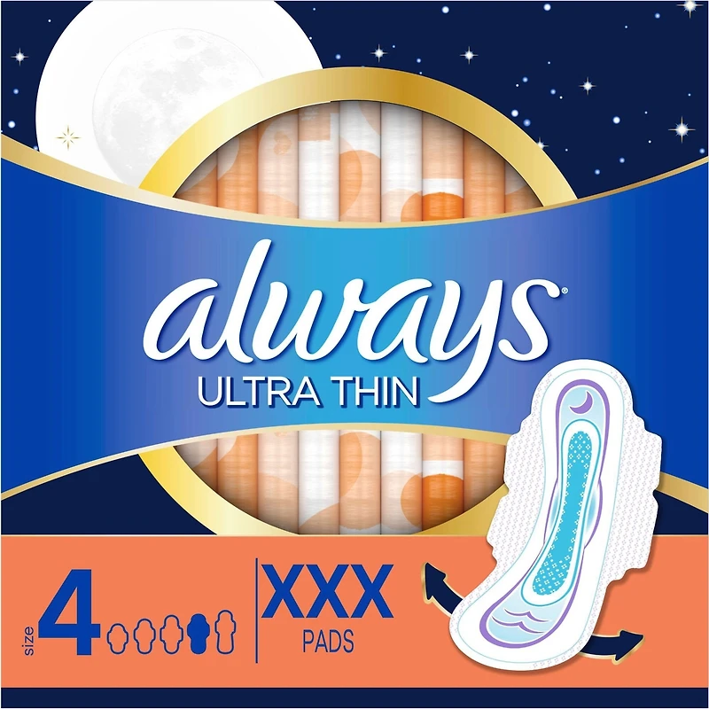 Always Maxi Pads Size 4 Overnight Absorbency Unscented with Wings, 28 Count