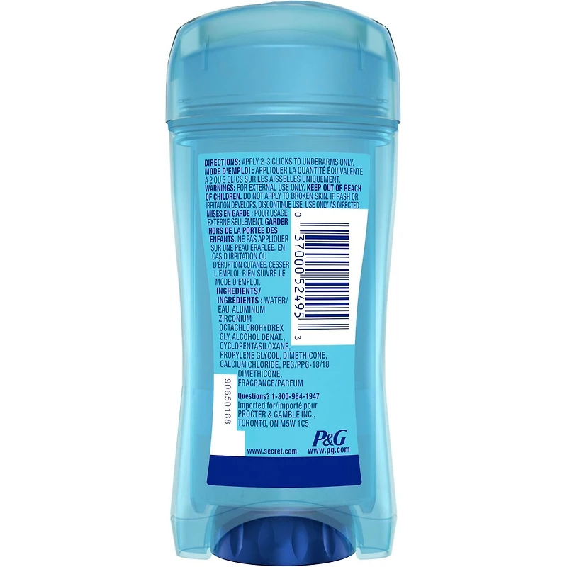 Antisudorifique et désodorisant gel clarté pour femmes Secret Outlast Transpiration et odeurs, parfum Ultra propre, 73 grammes