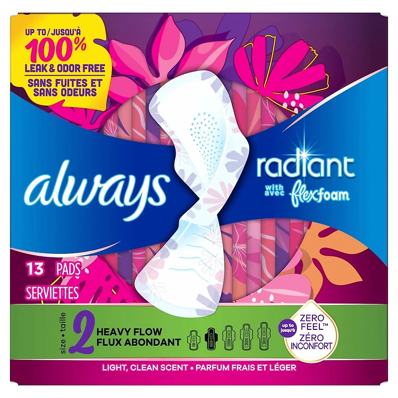Always Radiant Pads, Size 2, Heavy Flow Absorbency, Scented, 13 Count