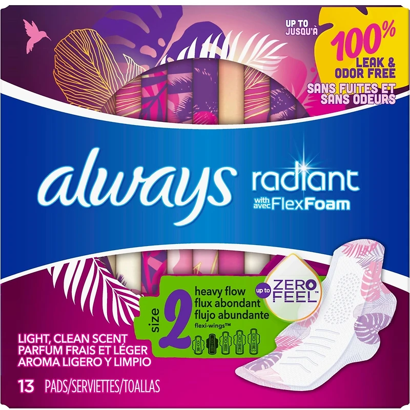 Always Radiant Pads, Size 2, Heavy Flow Absorbency, Scented, 13 Count