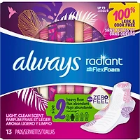 Always Radiant Pads, Size 2, Heavy Flow Absorbency, Scented, 13 Count