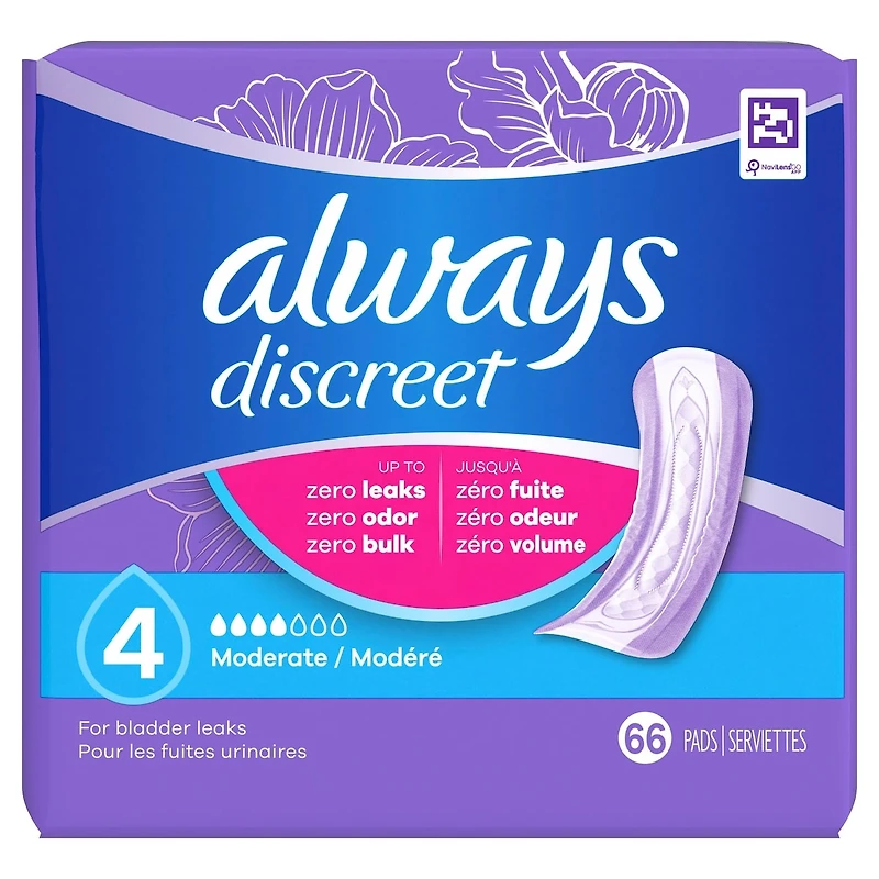 Discreet Moderate Incontinence Pads, 66 Count
