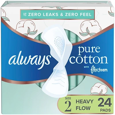 Always Pure Cotton with FlexFoam Pads Heavy Flow Size 2, 24 Count