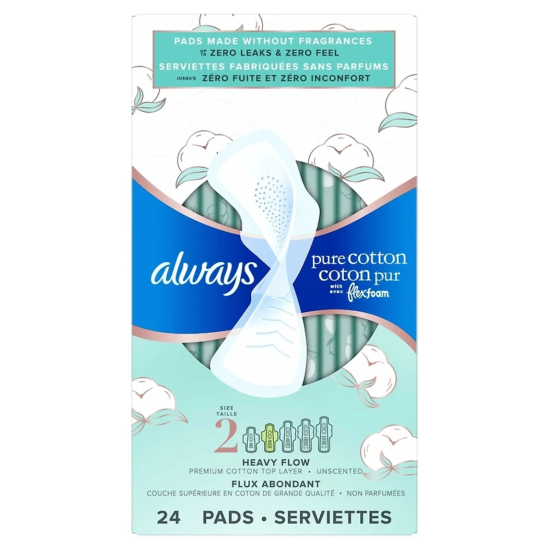 Serviettes Always Pure Coton avec FlexFoam, flux abondant, taille 2, 24 serviettes