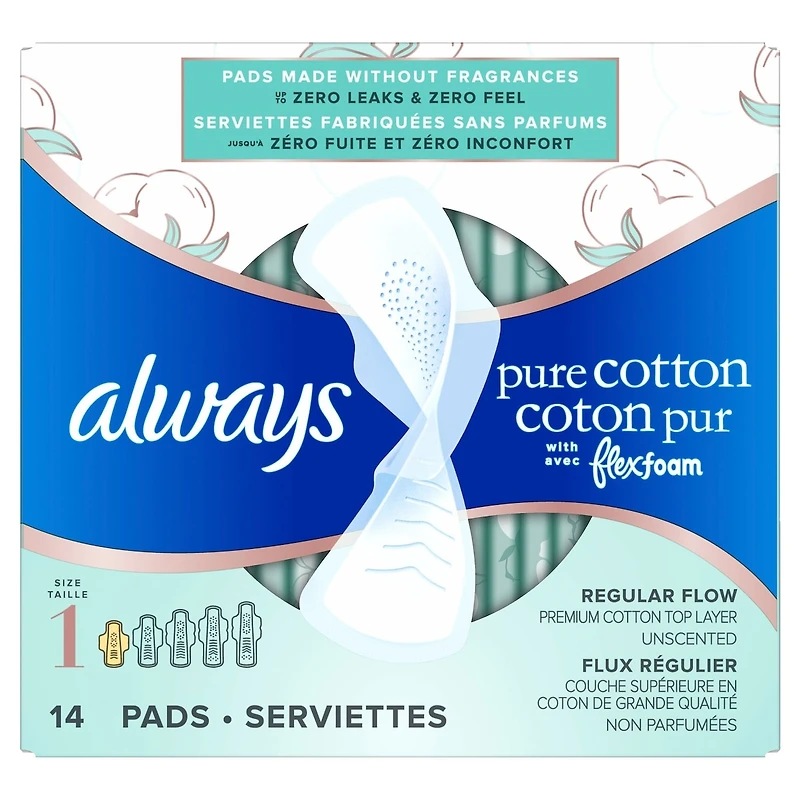 Always Pure Cotton with FlexFoam Pads Size 1, 14 Count