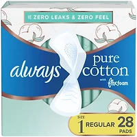 Always Pure Cotton with FlexFoam Pads Regular Absorbency Size 1, 28 Count