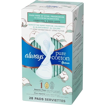 Always Pure Cotton with FlexFoam Pads Regular Absorbency Size 1, 28 Count