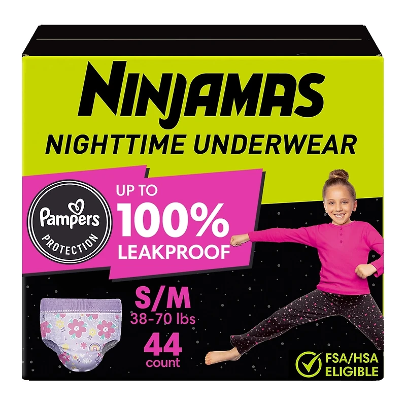Ninjamas Nighttime Bedwetting Underwear Girl Size S/M 44 Count