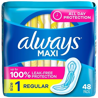 Serviettes Always Maxi, degré d’absorption régulier, sans ailes, taille 1, non parfumées, 48 serviettes