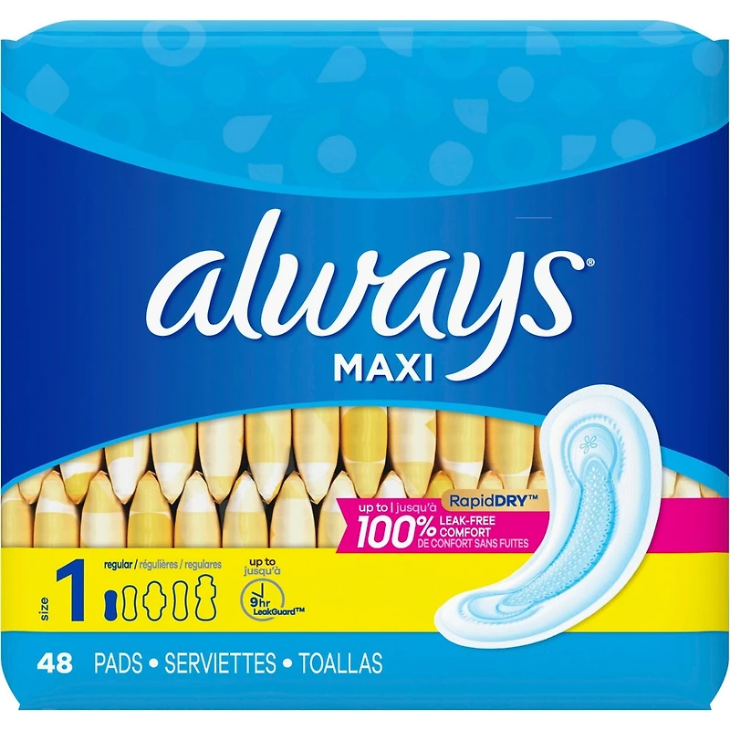 Always Maxi Pads Size 1 Regular Absorbency Unscented without Wings, 48 Count