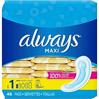 Always Maxi Pads Size 1 Regular Absorbency Unscented without Wings, 48 Count
