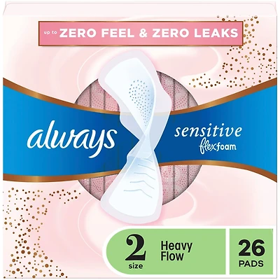 Sensitive FlexFoam Pads for Women, Size 2, Heavy Flow Absorbency, Unscented with Wings, 26 ct
