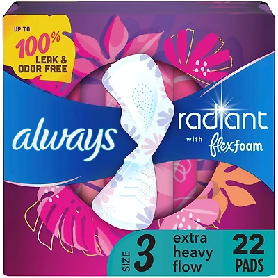 Serviettes Always Radiant FlexFoam, taille 3,  très abondant, protection sans fuites ni odeurs à 100 %, avec ailes, parfumées, 22u