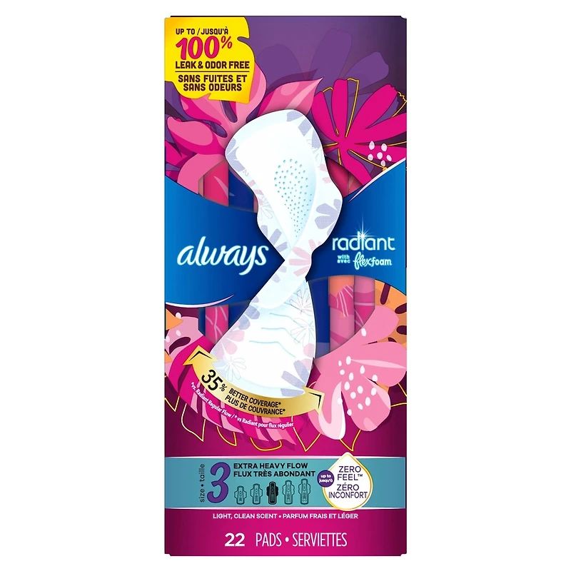 Serviettes Always Radiant FlexFoam, taille 3,  très abondant, protection sans fuites ni odeurs à 100 %, avec ailes, parfumées, 22u