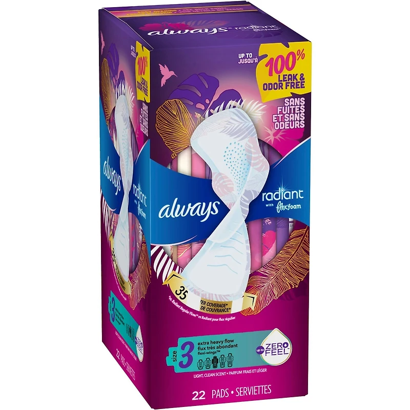 Serviettes Always Radiant FlexFoam, taille 3,  très abondant, protection sans fuites ni odeurs à 100 %, avec ailes, parfumées, 22u