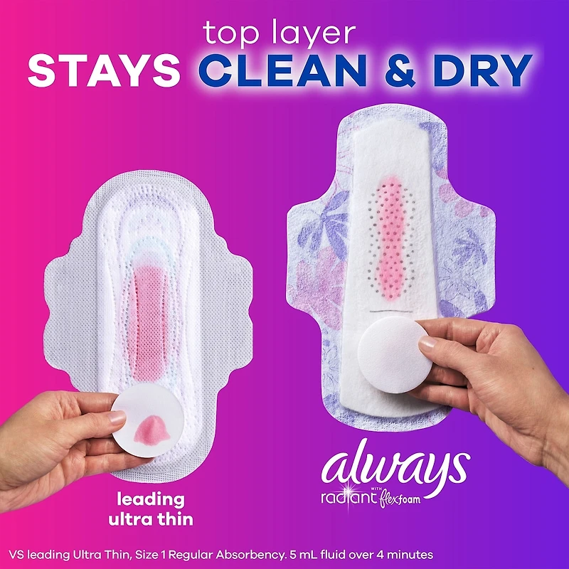 Serviettes Always Radiant FlexFoam, taille 3,  très abondant, protection sans fuites ni odeurs à 100 %, avec ailes, parfumées, 22u