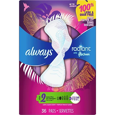 Always Radiant FlexFoam Pads for Women Size 2 Heavy Flow Absorbency with Wings, 36 Count