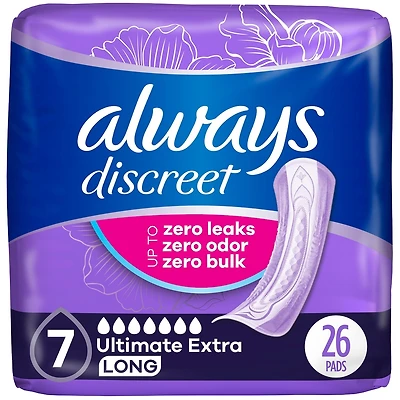 Serviette d’incontinence et de post-partum pour femmes Always Discreet, prot. suprême extra, protège jusqu’à 100 % contre les fuites urinaires, 26 u