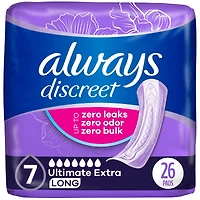 Serviette d’incontinence et de post-partum pour femmes Always Discreet, prot. suprême extra, protège jusqu’à 100 % contre les fuites urinaires, 26 u