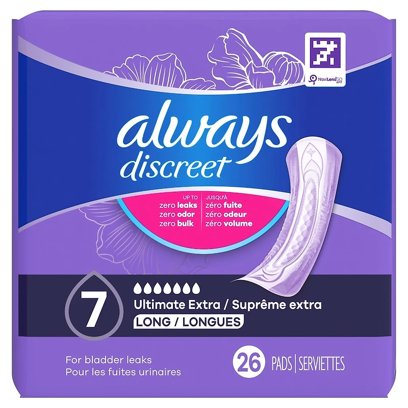 Serviette d’incontinence et de post-partum pour femmes Always Discreet, prot. suprême extra, protège jusqu’à 100 % contre les fuites urinaires, 26 u