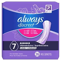 Serviette d’incontinence et de post-partum pour femmes Always Discreet, prot. suprême extra, protège jusqu’à 100 % contre les fuites urinaires, 26 u