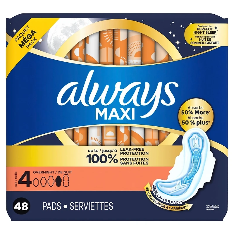 Maxi Overnight Pads with Wings, Size 4, Overnight, Unscented