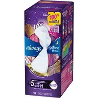 Serviettes Always Radiant FlexFoam, taille 5, de nuit, flux très abondant, protection sans fuites ni odeurs à 100 %, avec ailes, parfumées, 18 u