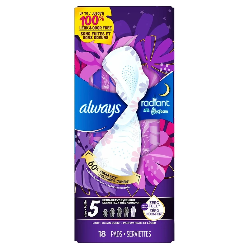 Serviettes Always Radiant FlexFoam, taille 5, de nuit, flux très abondant, protection sans fuites ni odeurs à 100 %, avec ailes, parfumées, 18 u