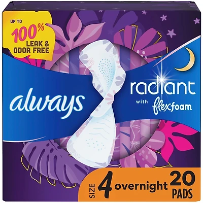 Serviettes Always Radiant FlexFoam, taille 4, de nuit, protection sans fuites ni odeurs à 100 %, avec ailes, parfumées, 20 su