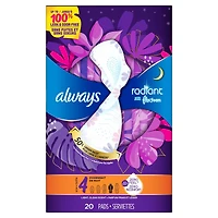 Serviettes Always Radiant FlexFoam, taille 4, de nuit, protection sans fuites ni odeurs à 100 %, avec ailes, parfumées, 20 su