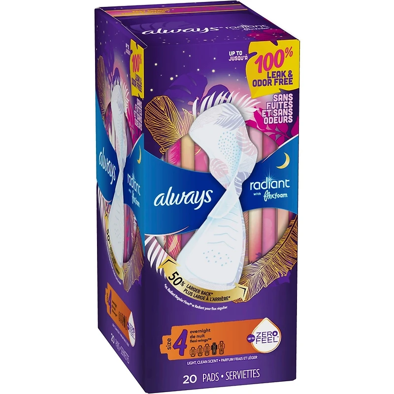 Serviettes Always Radiant FlexFoam, taille 4, de nuit, protection sans fuites ni odeurs à 100 %, avec ailes, parfumées, 20 su