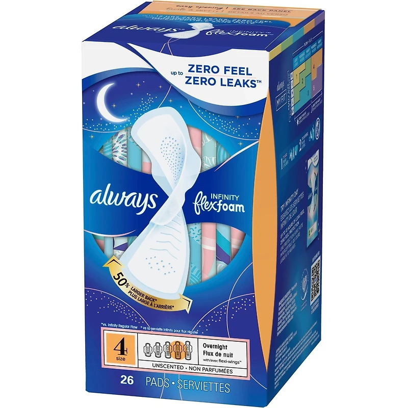 Serviettes Always Infinity FlexFoam, de nuit, taille 4, jusqu’à zéro sensation et zéro fuites pendant 12 heures, avec ailes, np, 26 u