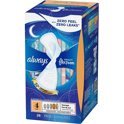 Always Infinity FlexFoam Pads for Women Size 4 Overnight Absorbency, Up to 12 hours Zero Leaks, Zero Feel Protection, with Wings Unscented, 26 Count