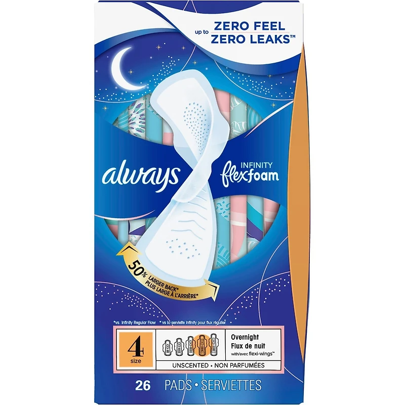 Serviettes Always Infinity FlexFoam, de nuit, taille 4, jusqu’à zéro sensation et zéro fuites pendant 12 heures, avec ailes, np, 26 u