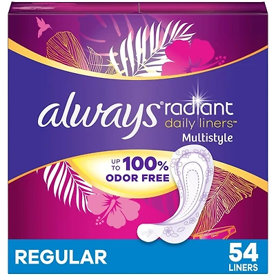 Always Radiant Daily Multistyle Liners Regular Absorbency Unscented, Up to 100% Odor-free, 54 Count