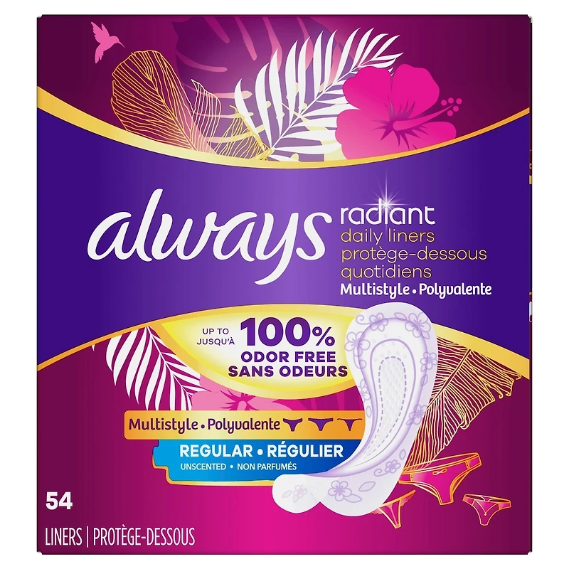 Protège-dessous quotidiens Radiant polyvalents, régulier, non parfumés, 54 u