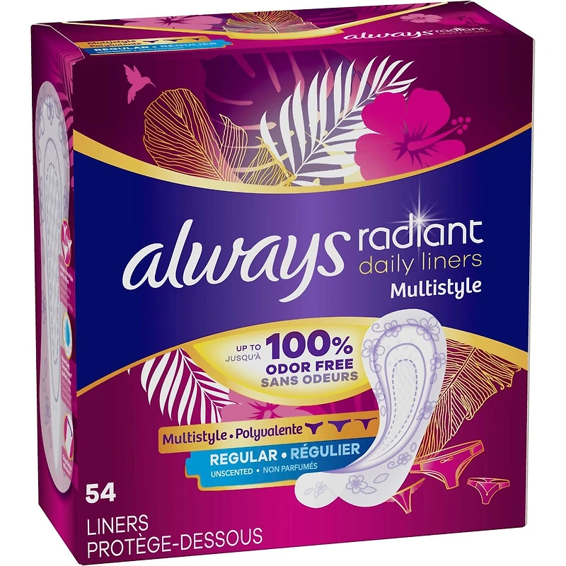 Always Radiant Daily Multistyle Liners Regular Absorbency Unscented, Up to 100% Odor-free, 54 Count