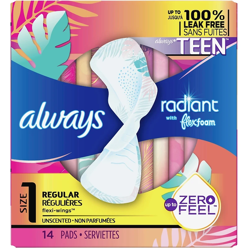 Serviettes Radiant Flexfoam pour adolescentes, degré d’absorption régulier, ailes, 14 u