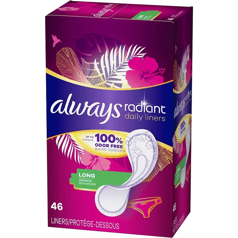 Protège-dessous quotidiens Always Radiant longs, non parfumés, protection jusqu’à 100 % sans odeurs, 46 protège-dessous