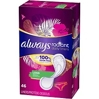 Protège-dessous quotidiens Always Radiant longs, non parfumés, protection jusqu’à 100 % sans odeurs, 46 protège-dessous